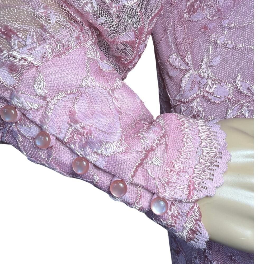 VTG 80s Romantic Pink Coquette Floral Lace Mesh Midi Dress Blaire Boutique Large - Picture 3 of 16